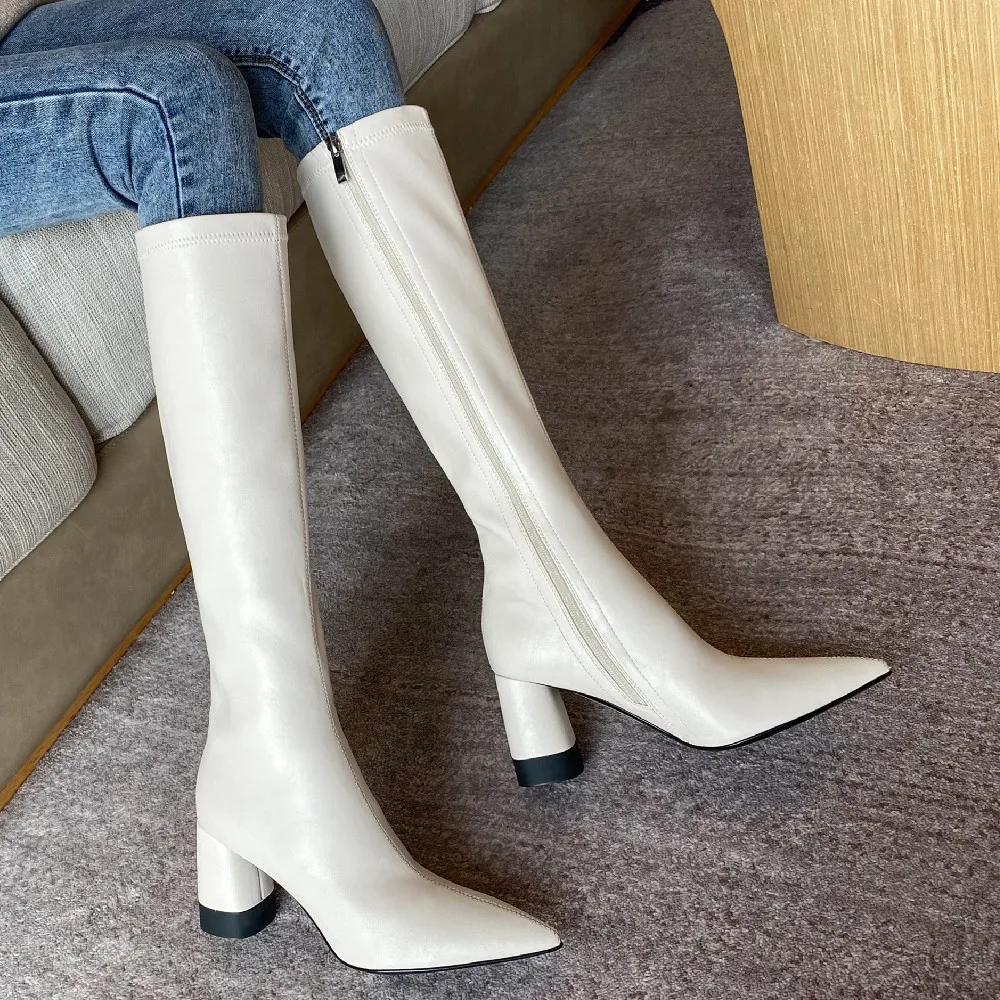

Women's great pu leather thick high heel pointed toe knee high boots elegant ladies black slim long winter boots shoes for women