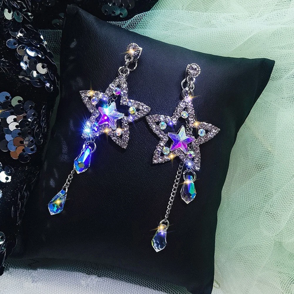 

Fashion Dangle Earrings Party Women Shiny Rhinestone Inlaid Star Long Tassel Drop Dangle Stud Earrings Trendy Jewelry