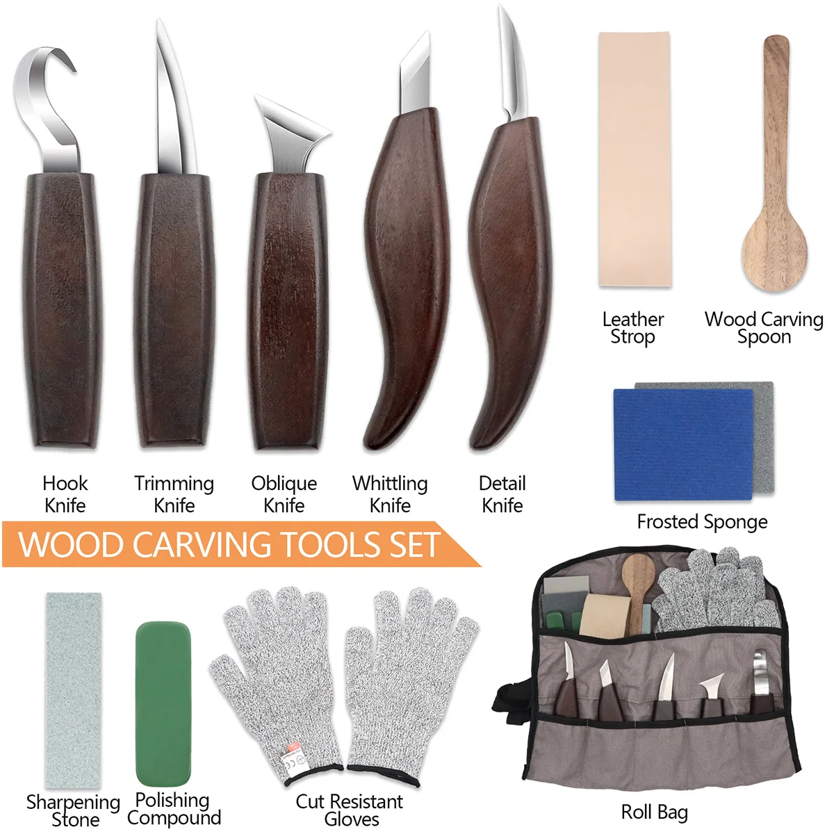 14Pcs Wood Carving Tool Set Hook Cutter Trimming Cutter Oblique Cutter Whittling Cutter Detail Cutter Polishing Leather Strip