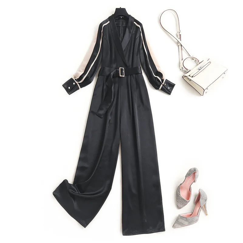 

Женский комбинезон из ацетата и сатина, элегантный черный комбинезон в стиле пэчворк с длинным рукавом и поясом, весна-лето 2021