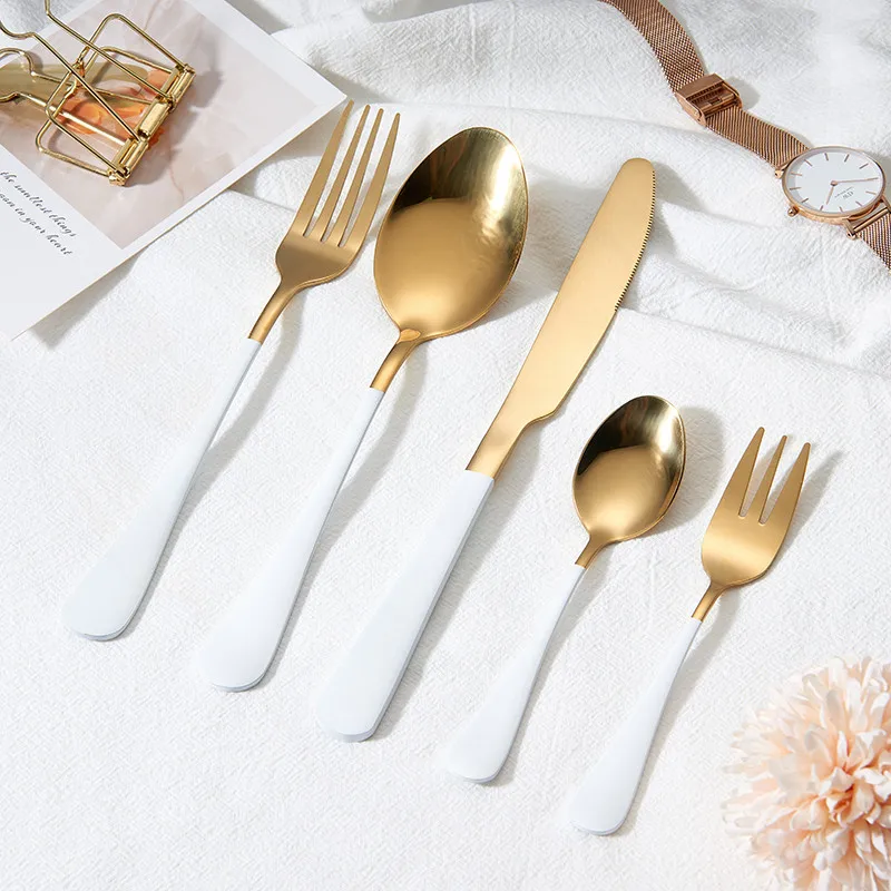

Gold Tableware Dinner Set Stainless Steel Cutlery Set Fork Spoon Knife Dinnerware Set White Gold 5 Pcs Dinner Set Dropshipping