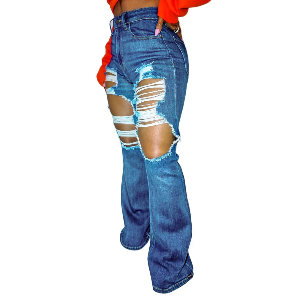 

2021 New Women's High Elastic Jeans Trousers With Holes Wide Leg Pants Pantalon Femme