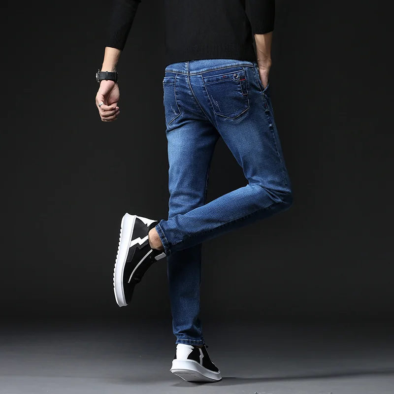 

Men's Jeans Spring Winter 2020 New Warm Slim Fit Business Fashion Thicken Denim Trousers Black Blue Jeans Men