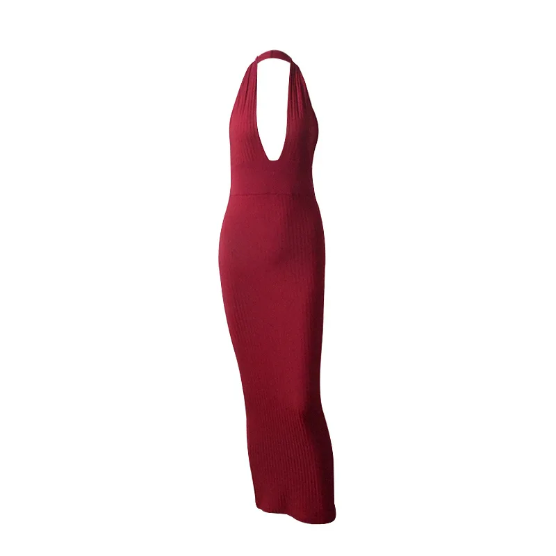 

Deep V-Low Cut Sexy Party Bandage Hollow Out Dress Backless High Wais Knit Halter Women Dresses JS0345