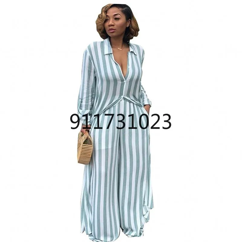 Women 2 Piece Matching Set Casual Striped Print Loose Long Shirt Wide Leg Pants Two-piece Suit Plus Size Outfits Yellow Clothes |
