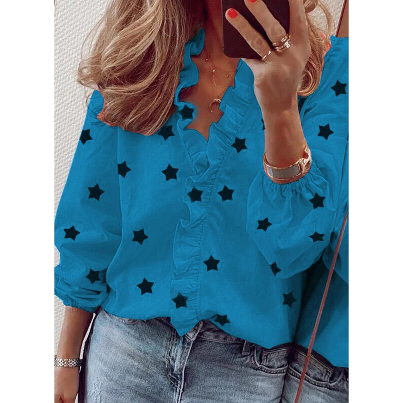 

Women Autumn Ruffles Elegant Long Sleeve Blouse Shirt Plus Size S-3XL Ladies Printed Stars V Neck Korean Blusa Tops SJ6971R