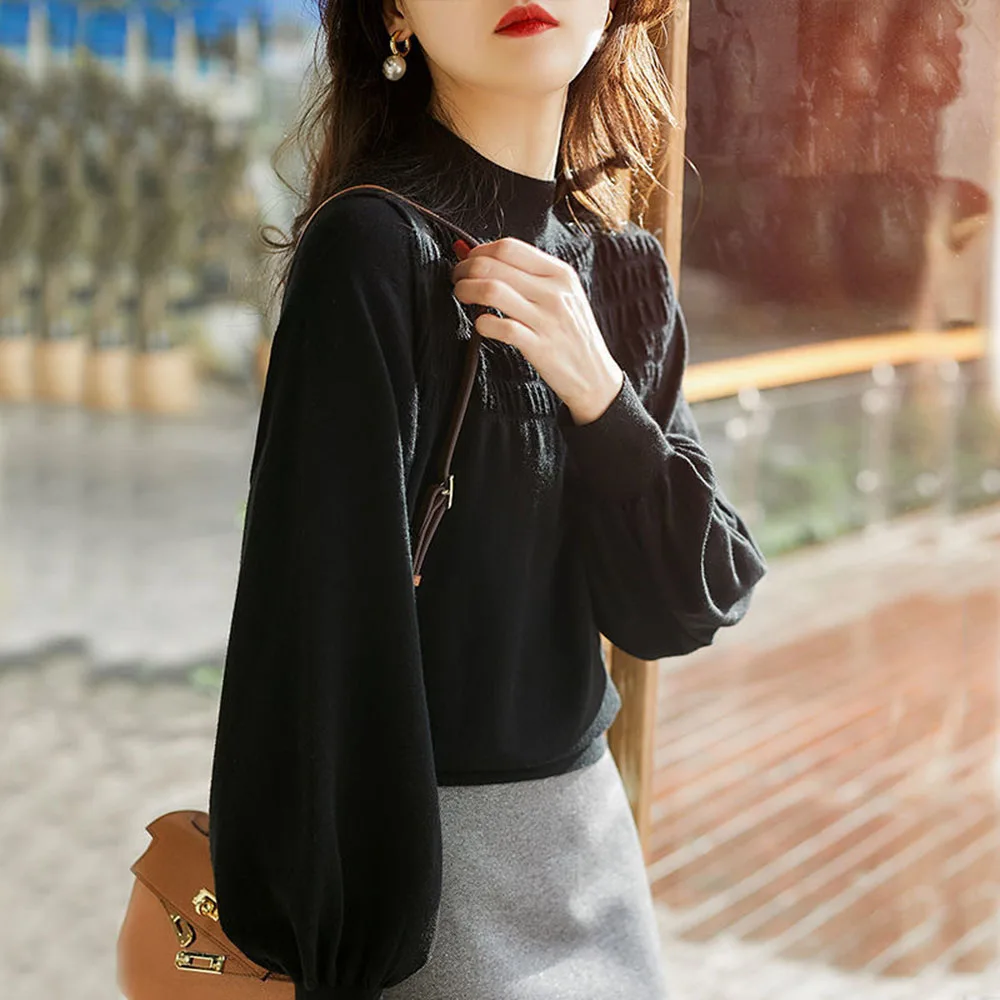 

Женский трикотажный свитер в стиле ретро, однотонный Элегантный мягкий топ с длинными рукавами-фонариками для ранней осени