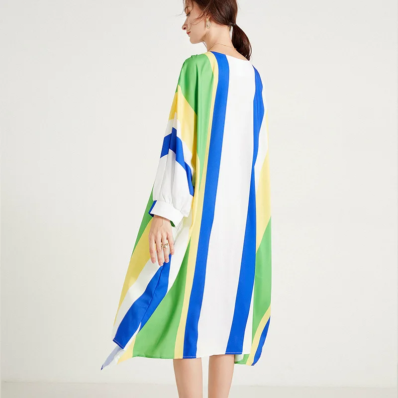 

SeeBeautiful Color Striped Large Size Dress O Neck Short Sleeve Irregular Simple Women Summer 2021 New Fashion E706