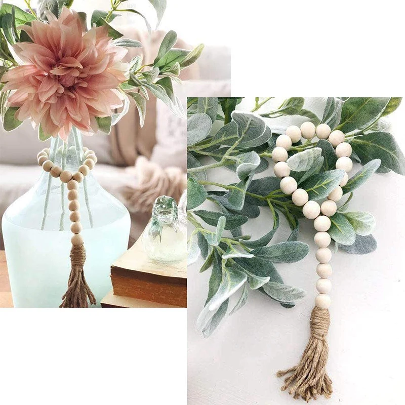 

Wood Bead Garland Set with Tassels, 4Pcs Farmhouse Beads Wall Hanging Decor