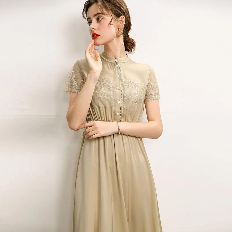 

Heavy Silk Dress New Waist Stitching Lace Stand Collar Short Sleeve Medium Length Swing Skirt