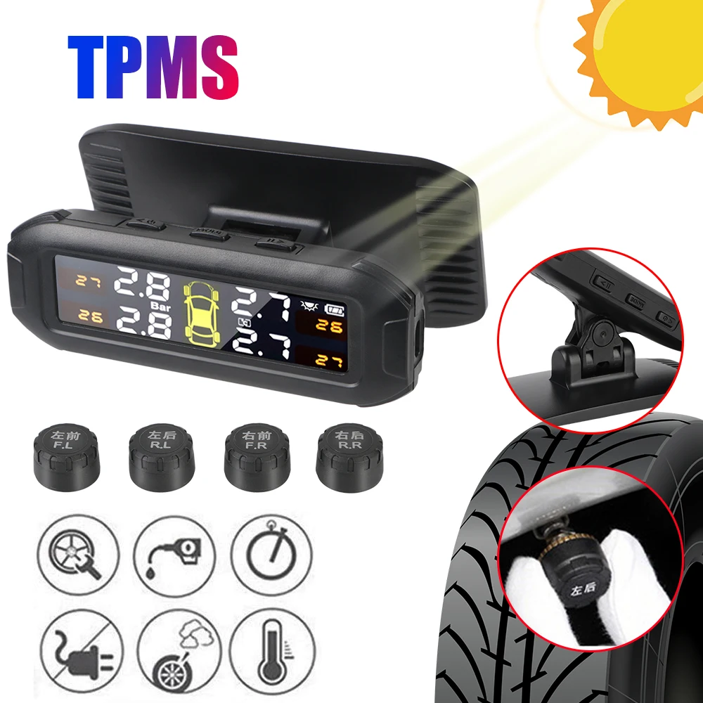 Car TPMS Tyre Pressure Monitor Temperature Warning Fuel Save Solar With 4 External Sensors Tire Pressure Monitoring System