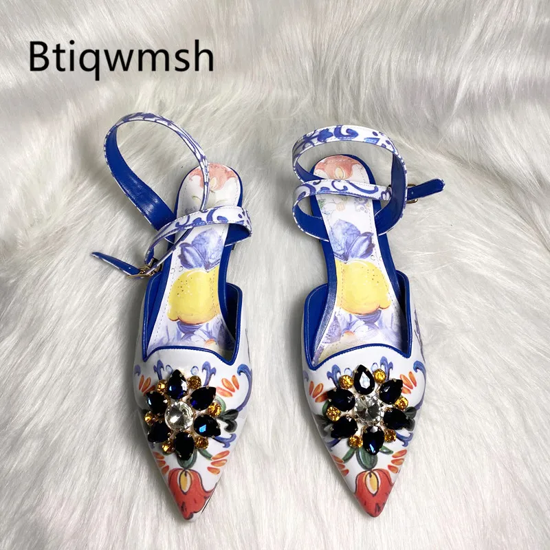 

Blue Leather Rhinestone Sandals Women Pointed Toe Crystal Flower Ankle Strap Flat Shoes Woman Fashion Party Shoes