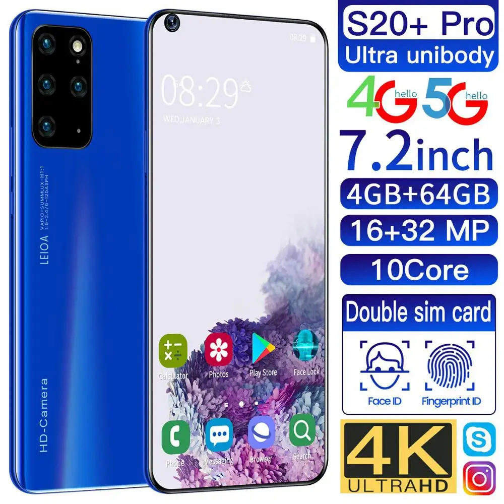 

Смартфон S20 + Pro, 7,2 дюйма, двойная карта, распознавание лица и отпечатков пальцев