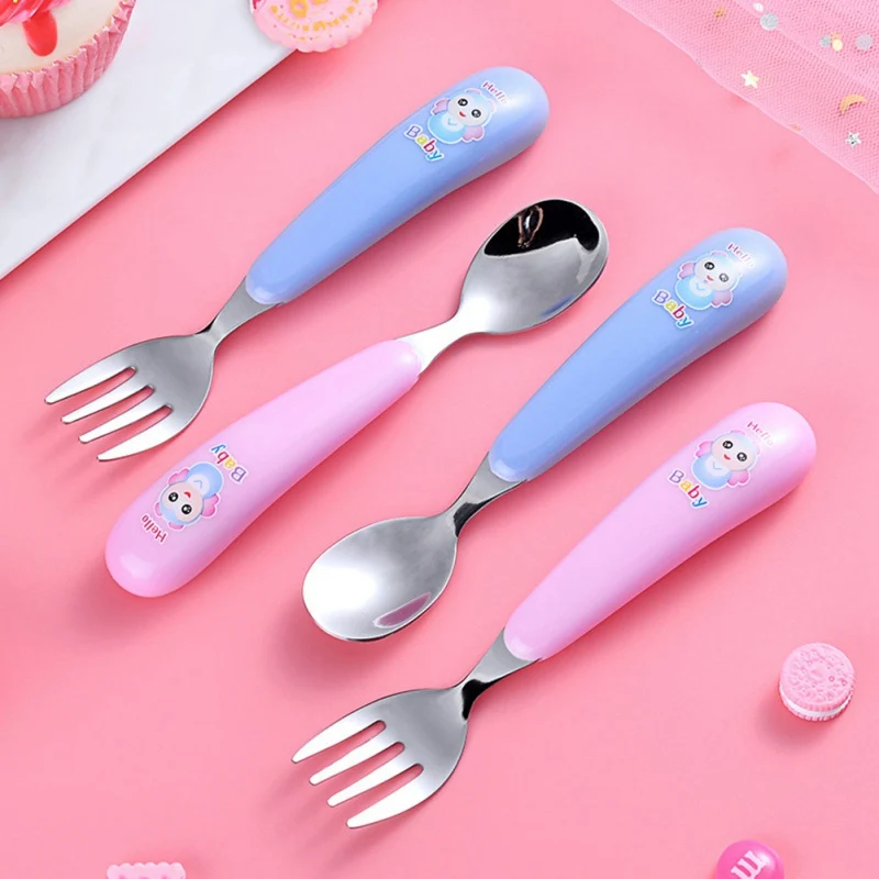 Child Toddler Cute Cartoon Cutlery Stainless Fork Spoon Infant Baby Feeding Utensils Infant Food Feeding Spoon Fork