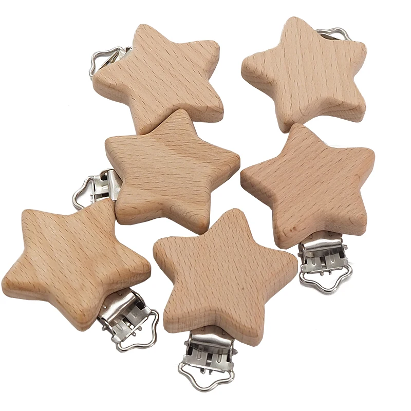 

Chenkai 5PCS Wood Five-Pointed Star Clip DIY Organic Eco-friendly Nature Unfinished Baby Pacifier Rattle Grasping Accessories