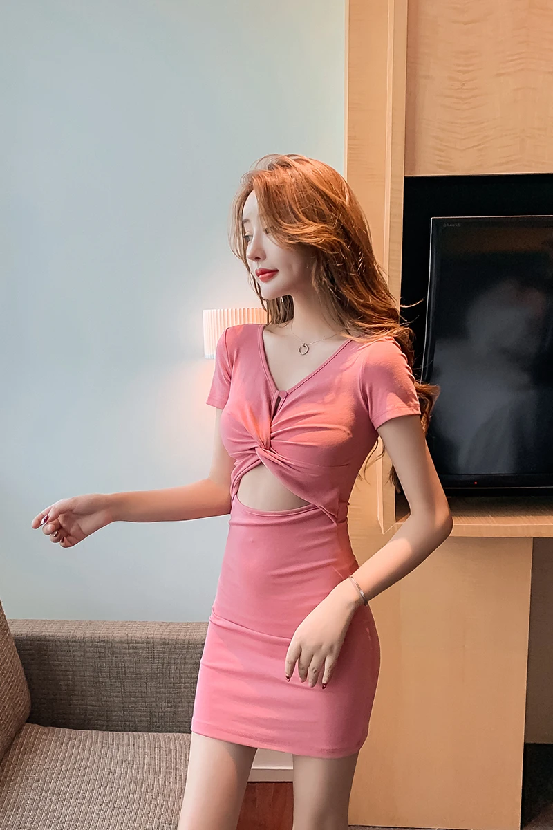 

COIGARSAM Sexy Solid Women Mini dress Sheath Hollow Out Dresses Black Pink 83180
