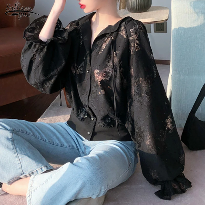 

Spring Autumn Lantern Sleeve Lace Blouse for Women New Office Lady Long Sleeve Floral Shirts Women Black Female Clothing 12691