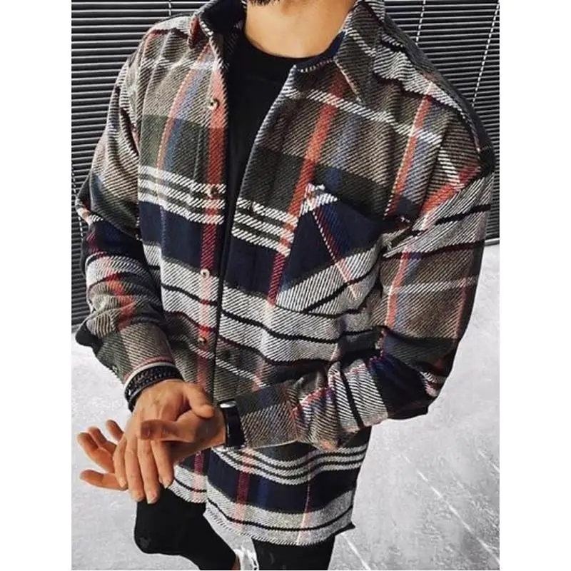 

Мужская одежда 2021, весна-осень, новая мужская одежда, цветная клетчатая рубашка с принтом, кардиган с отворотом, рубашка в клетку с длинными ...