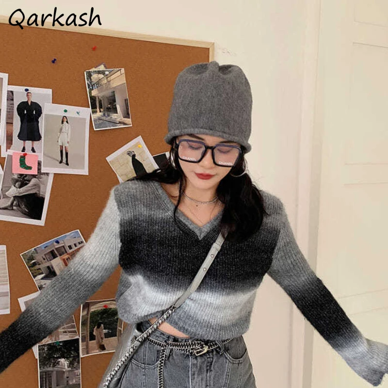 

Pullovers Women Gradient V-neck Loose All-match Design Clothes Vintage Warm Tender Popular Chic Trendy Sweater Basic Ulzzang New