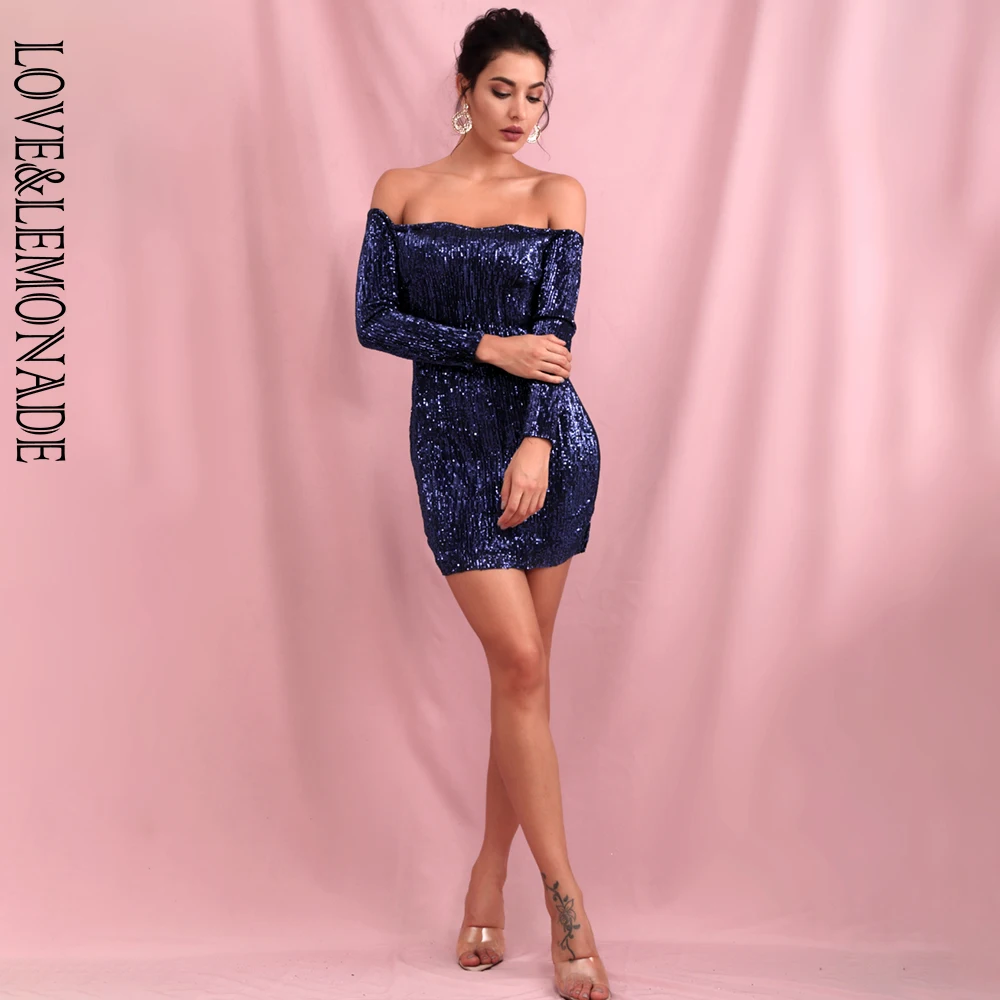 Женское платье с блестками LOVE & LEMONADE синее эластичное воротником стойкой модель