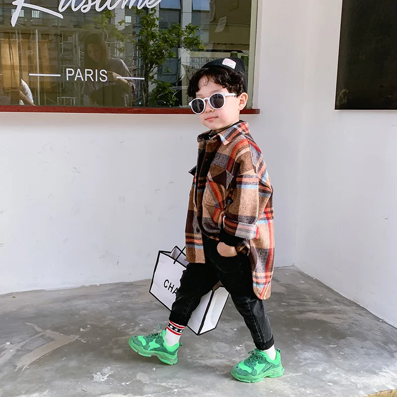Рубашка в клетку для мальчиков Дети 2019 с длинными рукавами на осень Верхняя
