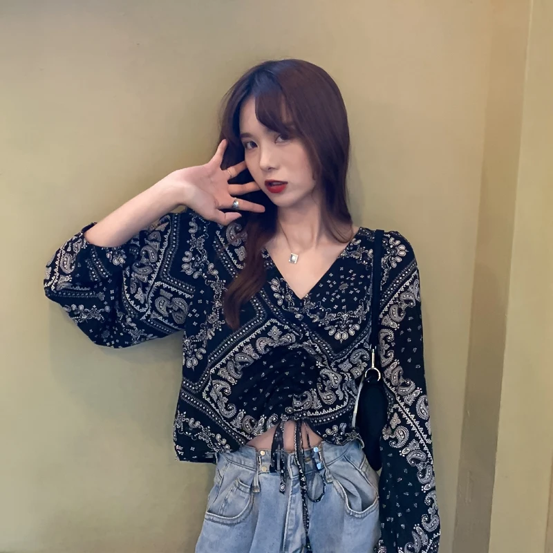 

Spring New Vintage Short V-Neck Long Sleeve Drawstring Shirt Blouse