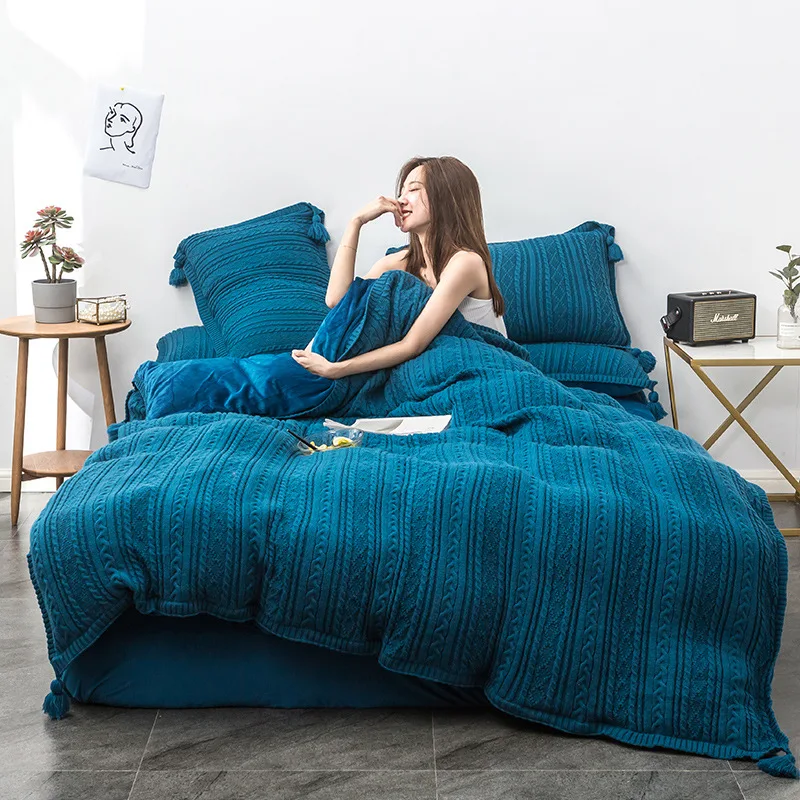 

Knitting wool Bedding set warm winter sheet pillowcase&duvet cover set crystal flannel Fleece thinken bedclothes ball bed linen