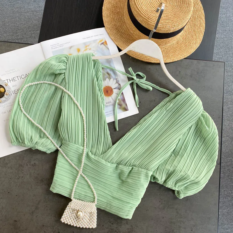 

Sexy Deep V-Neck Chiffon Folds Blouses Short Puff-sleeved OL Summer High Waist Pleated Shirts Slimming Crop Tops OL Blusas 2021