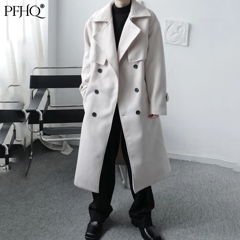 

PFHQ Autumn winter classic double breasted woolen coat men 2021 fashion design Korean oversized thick clothes with belt 21D5157