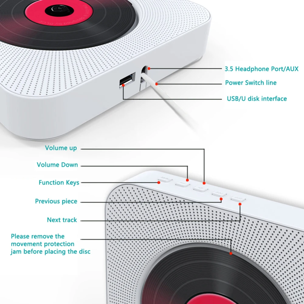 

DVD Player Stereo Speaker Wall Mount Portable Bluetooth Home Early Learning Audio Boombox Pull Switch Bluetooth CD/DVD