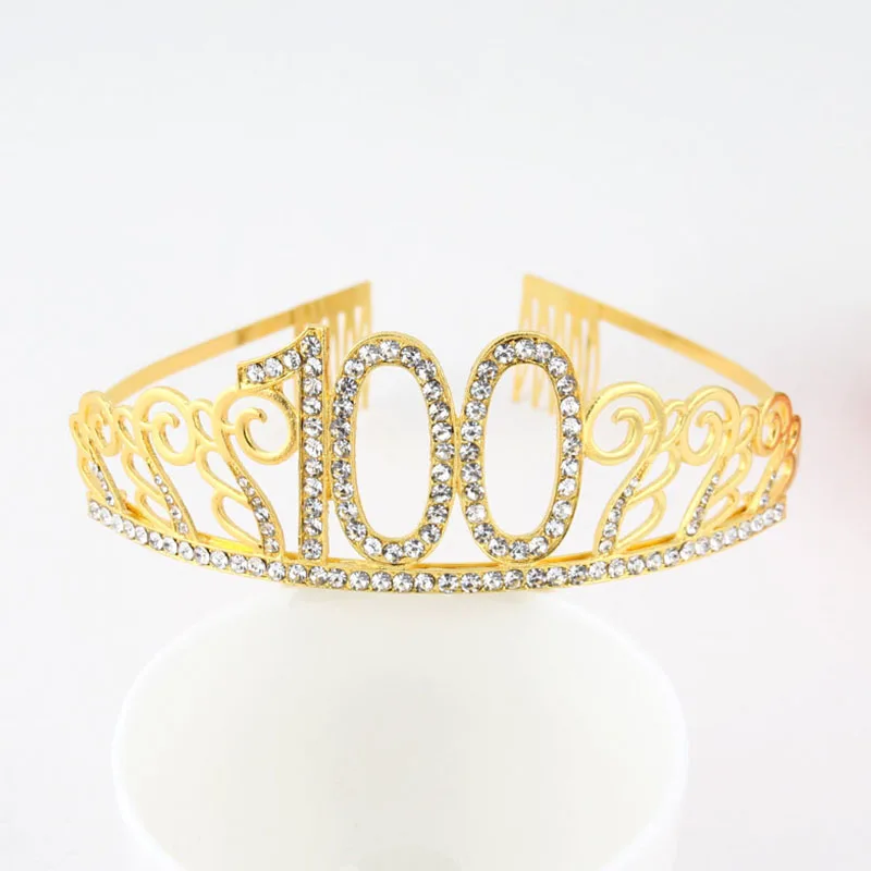 Золотая тиара со стразами для дня рождения корона топпер торта женщин 70 80 90 100 аксессуары украшения