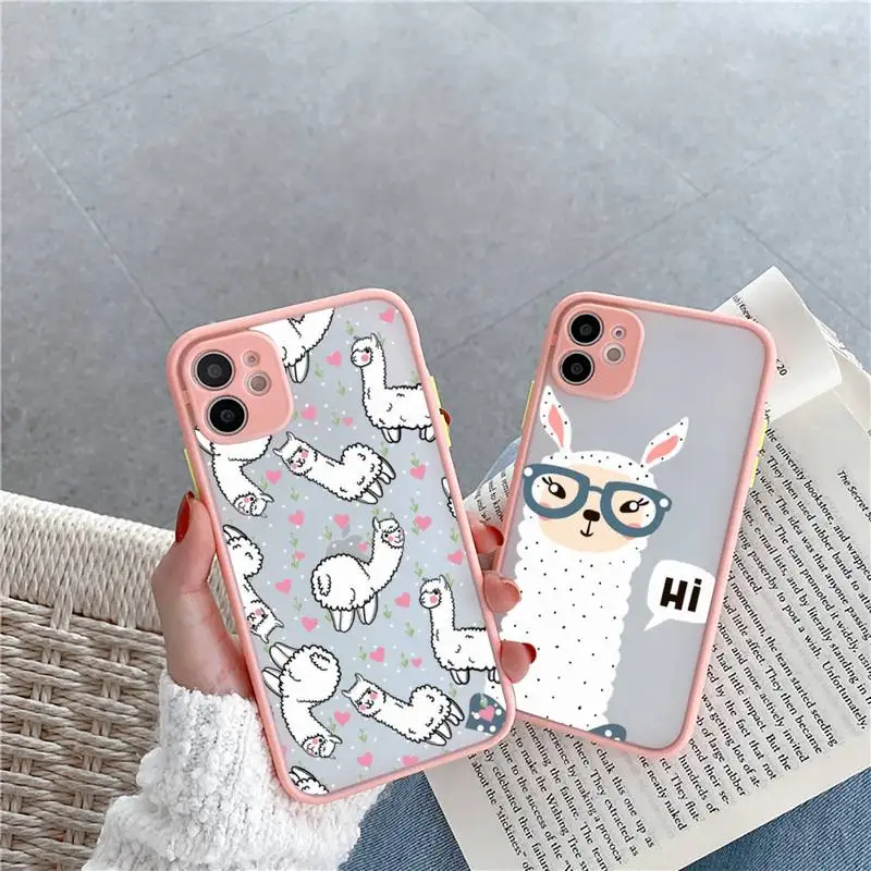 

Kawaii Cute Llama Alpaca Animals Cartoon Phone Case For iPhone 13 12 11 Mini Pro XR XS Max 7 8 Plus X Matte transparent Pink