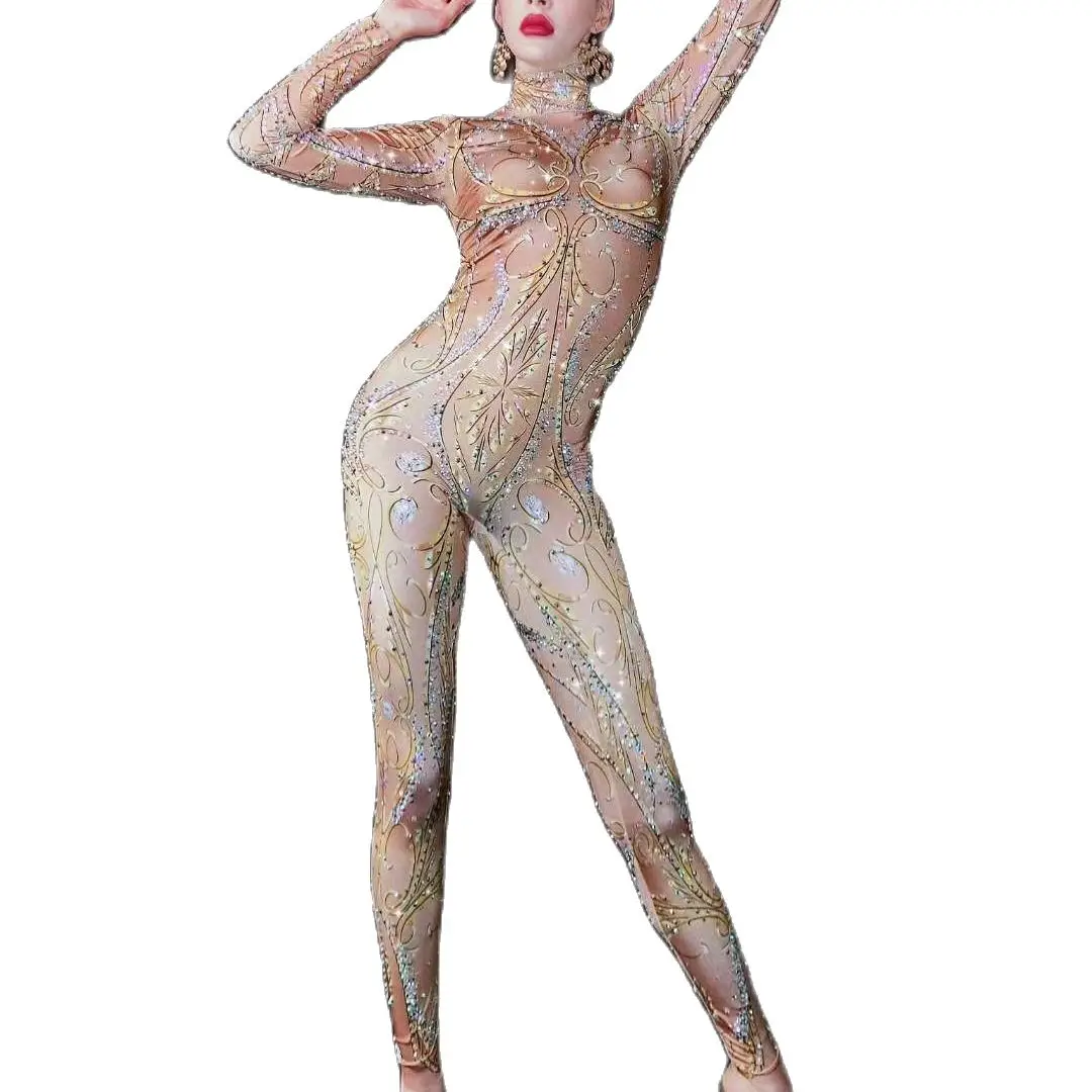 Luxurious Golden Crystal Rhinestone Jumpsuits Women DJ Nightclub Outfit Female Dancer Stage Show Long Sleeve Bodycon Costume