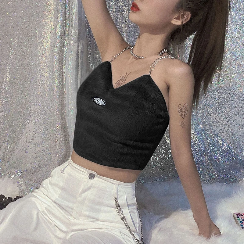 cute hairy camisole women crop tops Metal chain sling design tank 2020 summer hot casual party streetwear vest mujer | Женская одежда
