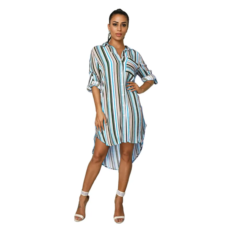 

Women 's Casual Striped Shirt Dress Summer Polyester Asymmetrical Full Square Collar Above Knee Mini Natural Regular L283030