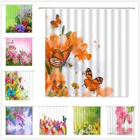 Flower Butterfly Shower Curtains Floral Plant Spring Scenery Home Bathroom Decor Waterproof Polyester Fabric Bathtub Curtain Set