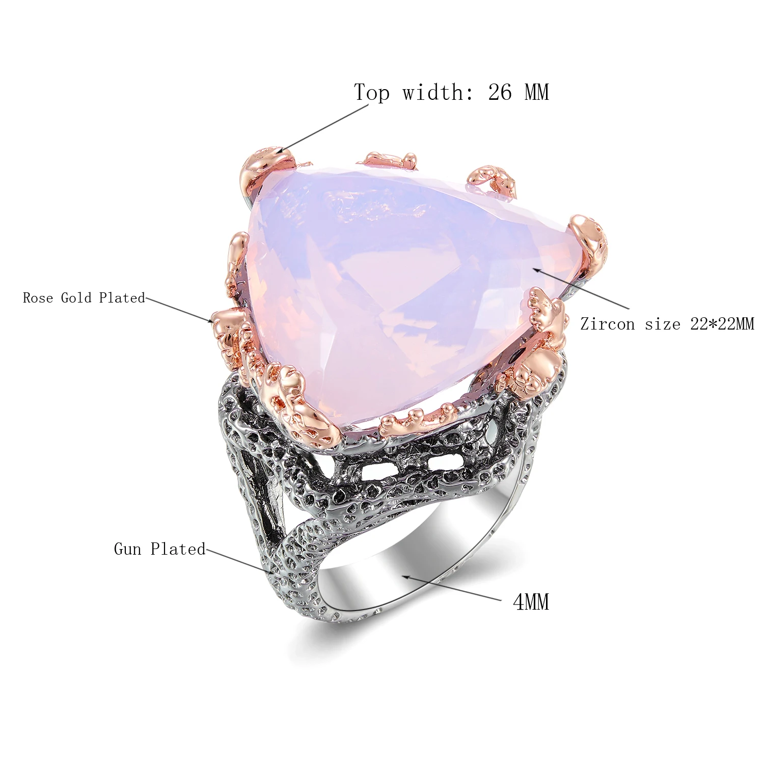 Высококачественное кольцо с розовым камнем черного и золотого цвета без свинца