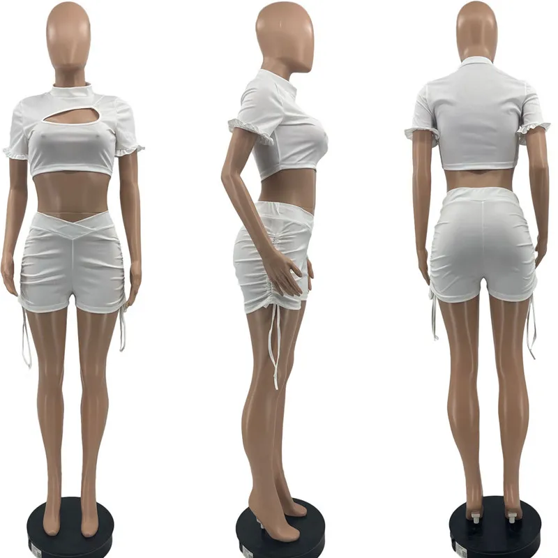 

YEYA Sports Casual Two Sets Hollow Out Short Sleeve Ruffle Turtleneck Top Side Drawstring Lace Up Pants Slim Fitness Tracksuits