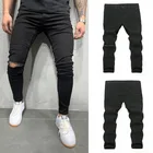 Высококачественные черные рваные джинсы для мужчин, Стрейчевые обтягивающие джинсы, Лидер продаж, рваные мужские джинсы с декором, черные мужские джинсы