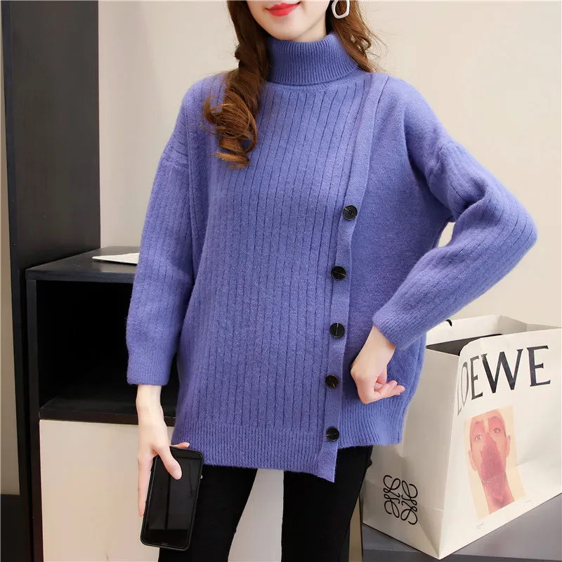 

Autumn And Winter New Irregular Sweater Women's Tide Lazy Style Pure Color Wild Loose Pullover High Neck Sweater Outer Wear C294