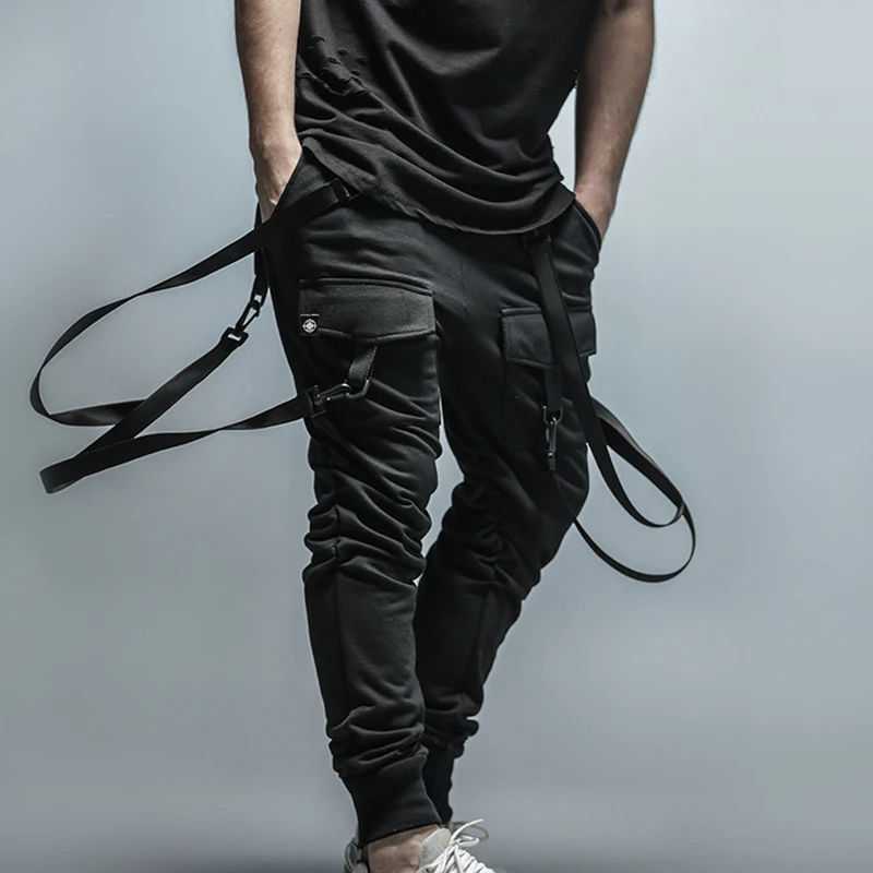 Мужские черные спортивные брюки карго с ремешками Джоггеры в стиле хип хоп и