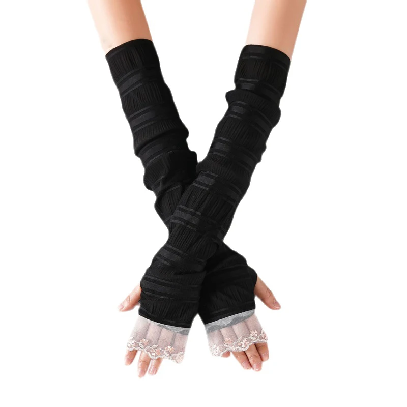 

Sparsil Ladies Summer Lace Solid Long Gloves Thin Breathable Sunscreen Driving Sleeve Mittens Elegant Fingerless Female Gloves