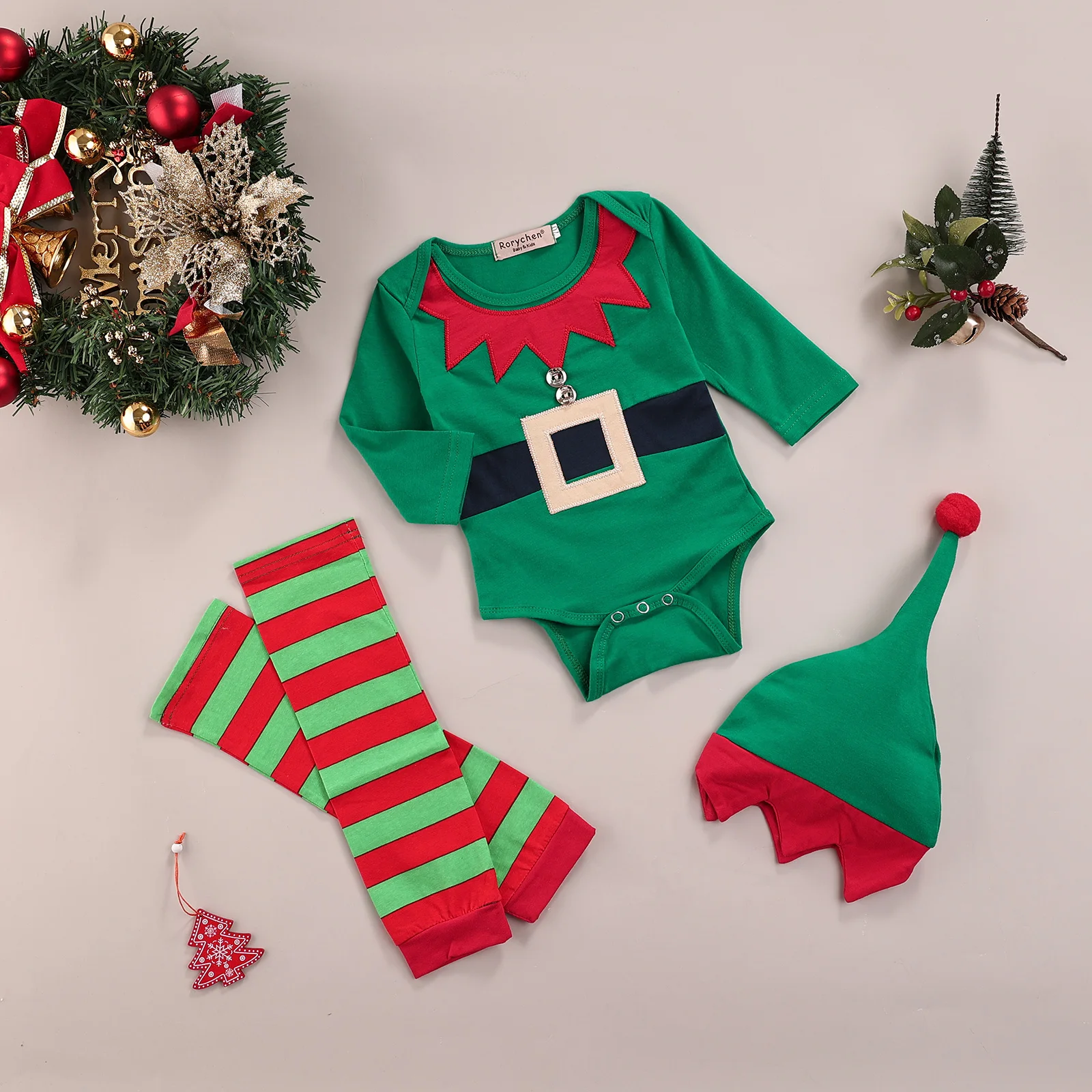 

0-18 Months Full Sleeve Unisex Baby Christmas Clothes Set, Contrast Color Long Sleeve O-neck Romper+striped Leg Sleeves+hat