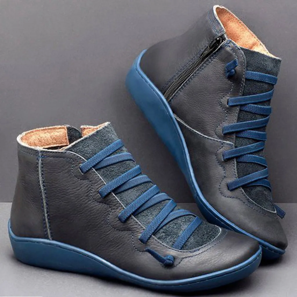 

2020 New Women's Casual Flat Leather Retro Lace-up Boots Side Zipper Round Toe Shoe Leather Ankle Boots Zapatos Mujer Wram Botas