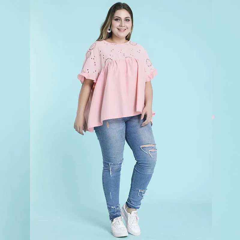 WHZHM розовая фотосессия 3XL 4XL женские футболки с оборками элегантные вырезами и