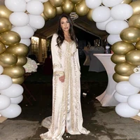 trendy white moroccan caftan evening dresses long sleeve prom dress with beaded lace velvet a line robe de soiree prom gown 2021