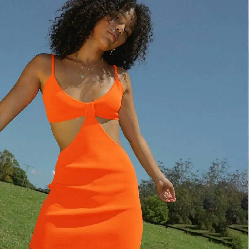 

Summer Dresses 2021 Fashion Women Summer Sundresses Orange Dress Tube Top Hollow Out Backless Candy Color Skirt LYQ202104039