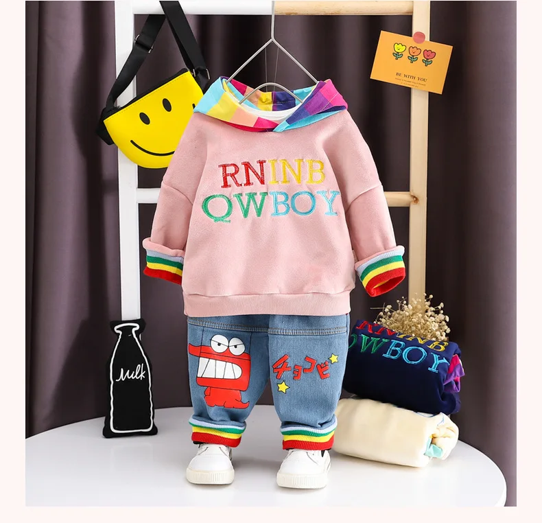 Korean New Winter Baby Boys Girls Clothes Plus Velvet Letter Hooded Striped Long Sleeve Tops And Jeans Jogging Pants 2pcs/set