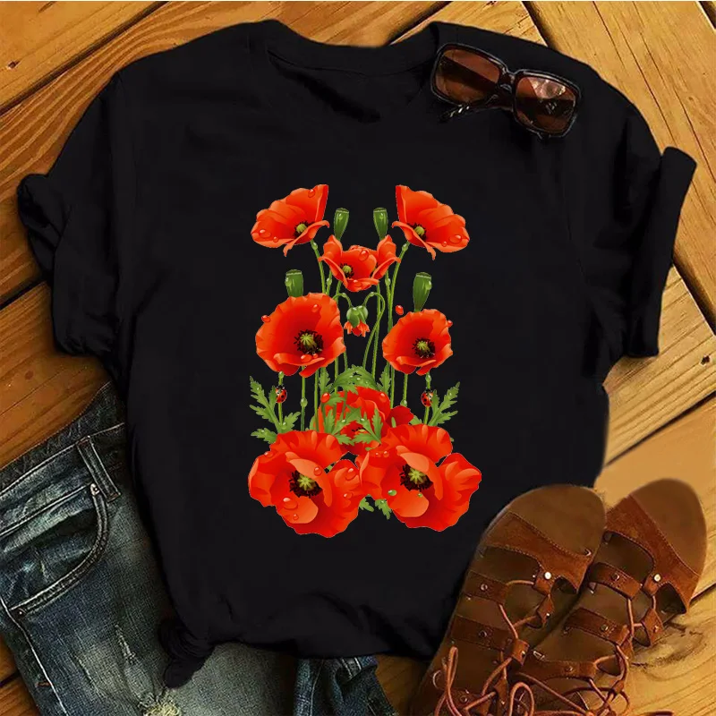 

Red Poppy Women T Shirt Casual Funny Tshirts Kawaii Tees Top Hipster Tumblr Female Harajuku Short Sleeves Shirts Woman Clothes