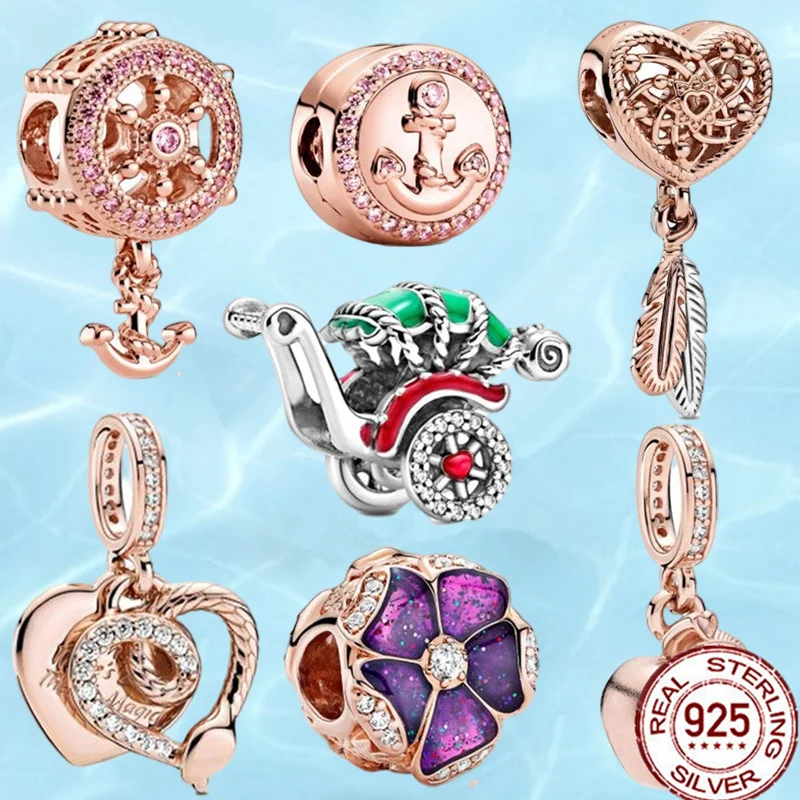 

Real 925 Sterling Silver Beads Rose gold Snake Heart Dangle Charms fit Original Pandora Bracelets Necklaces Women DIY Jewelry